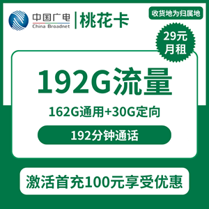 广电桃花卡，月租套餐29元包192G通用+192分钟通话！