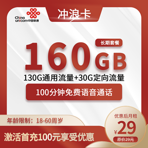 联通冲浪卡，月租套餐29元160G(130G通用+30G定向)+100分钟（长期套餐）！