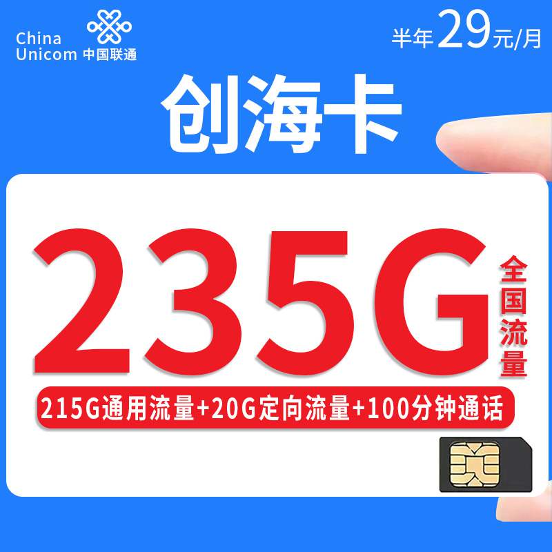 联通创海卡，月租套餐29元235G（215G通用流量+20G定向流量）+100分钟通话时长！