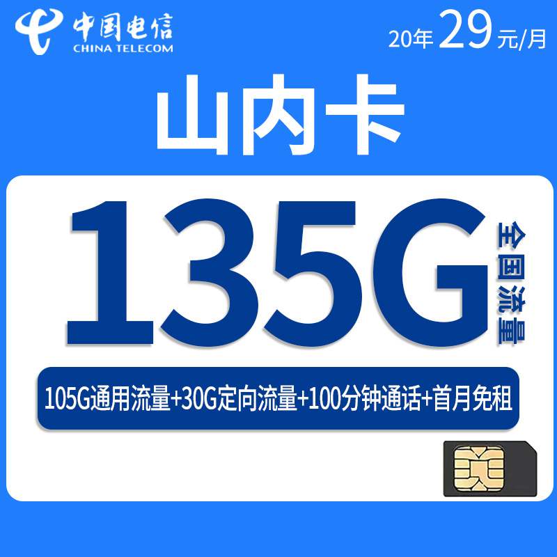 电信山内卡，月租套餐29元135G（105G通用流量+30G定向流量）+100分钟通话时长+20年套餐！