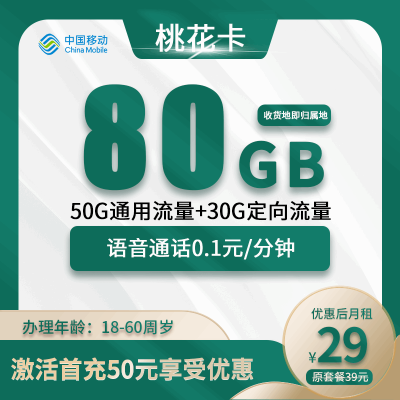 移动桃花卡，月租套餐29元80G（50G通用流量+30G定向流量）+通话0.1元/分钟！