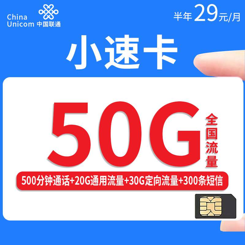 联通小速卡，月租套餐29元20G通用流量+30G定向流量+500分钟通话时长+300条短信！