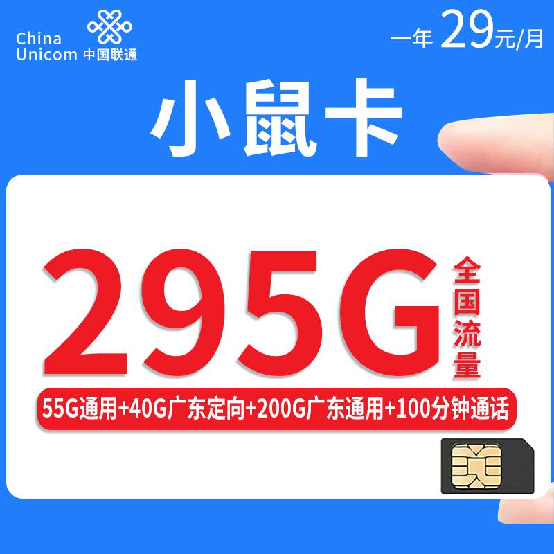 联通小鼠卡，月租套餐29元55G通用流量+40G省内定向+200G定向流量+100分钟通话时长！