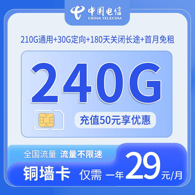 电信铜墙卡，月租套餐29元包含210G通用流量+30G定向流量+语音通话0.1元/分钟（关闭180天长途通话）！