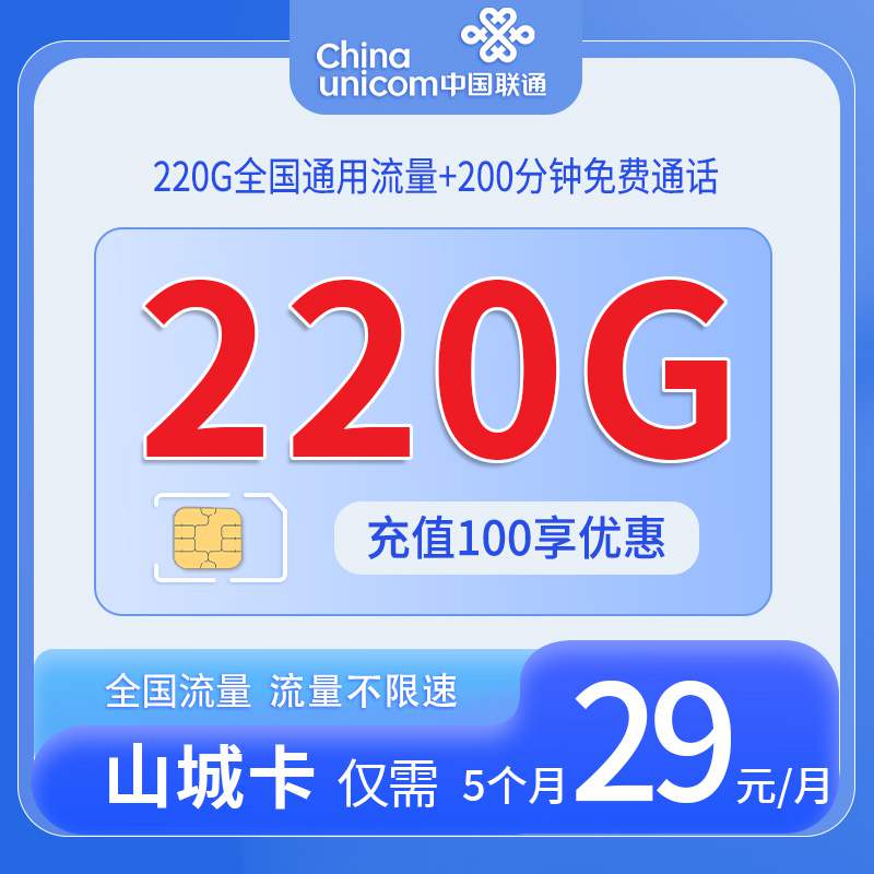 【重庆专属】联通山城卡，月租套餐29元220G通用流量+200分钟通话时长！