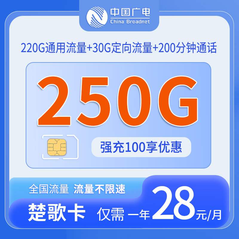 广电楚歌卡，月租套餐28元包含220G通用流量+30G定向流量+200分钟语音通话！