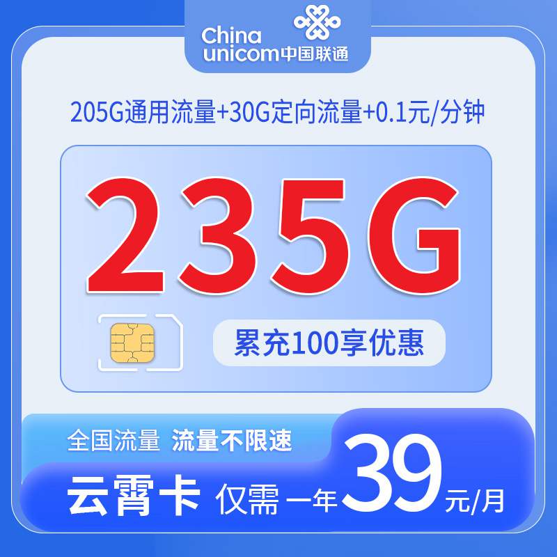 【海南专属】联通云霄卡，月租套餐39元205G通用流量+30G定向流量+语音通话0.1元/分钟！