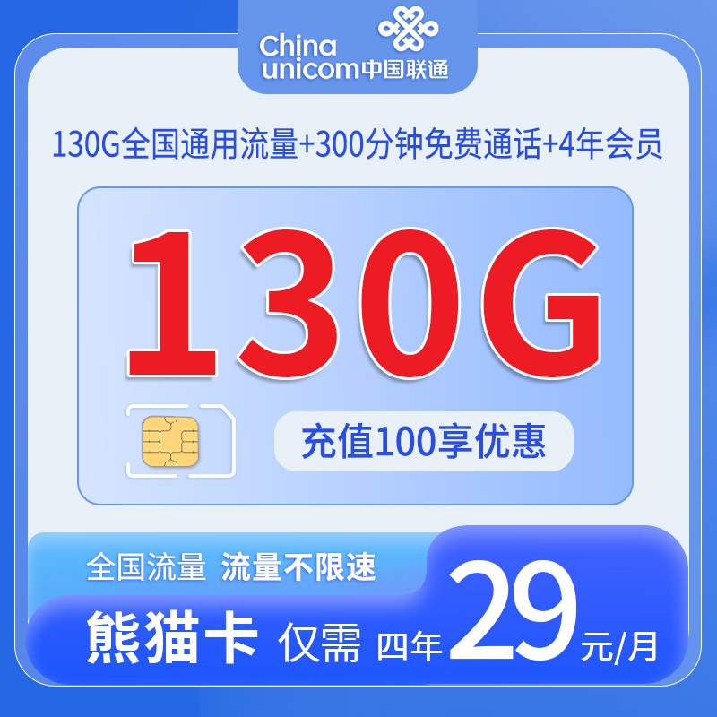 联通熊猫卡，月租套餐29元130G通用流量+300分钟语音通话+赠送4年会员！