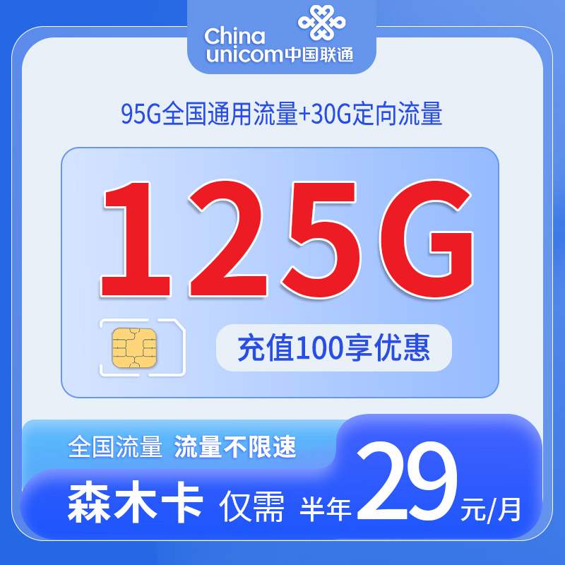 【甘肃专属】联通森木卡，月租套餐29元95G通用流量+30G定向流量+语音通话0.15元/分钟！