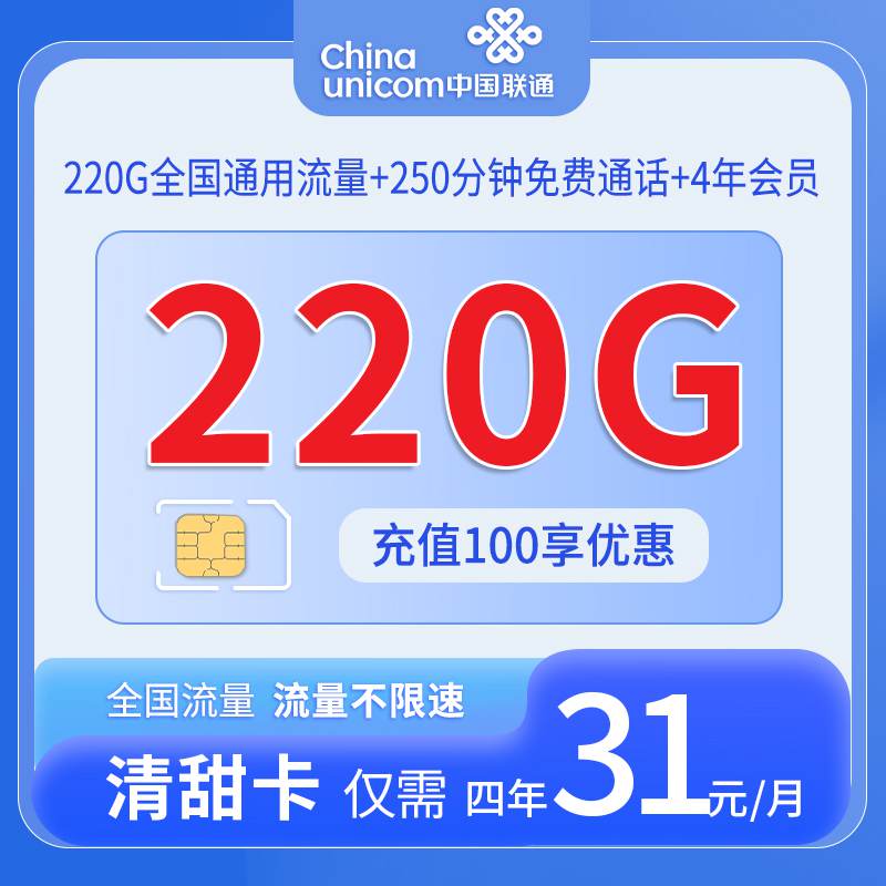 联通清甜卡，月租套餐31元220G通用流量+250分钟通话时长+赠送4年会员！